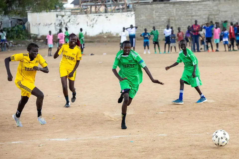 Girls play soccer in in Juba, South Sudan, in 2025.