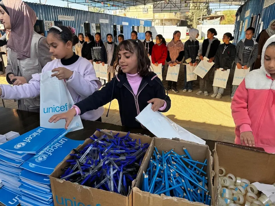 After months of waiting, UNICEF is distributing School-in-a-Box supplies to children in Deir El Balah.