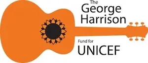 Black text that says The George Harrison Fund for UNICEF on white background with orange guitar