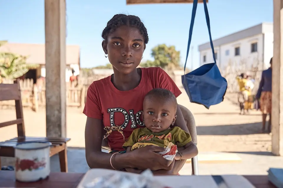 Voafidy, 18, brought her 11-month-old son, Fidison, to the Ifotaka Basic Health Center in Madagascar for malnutrition support.