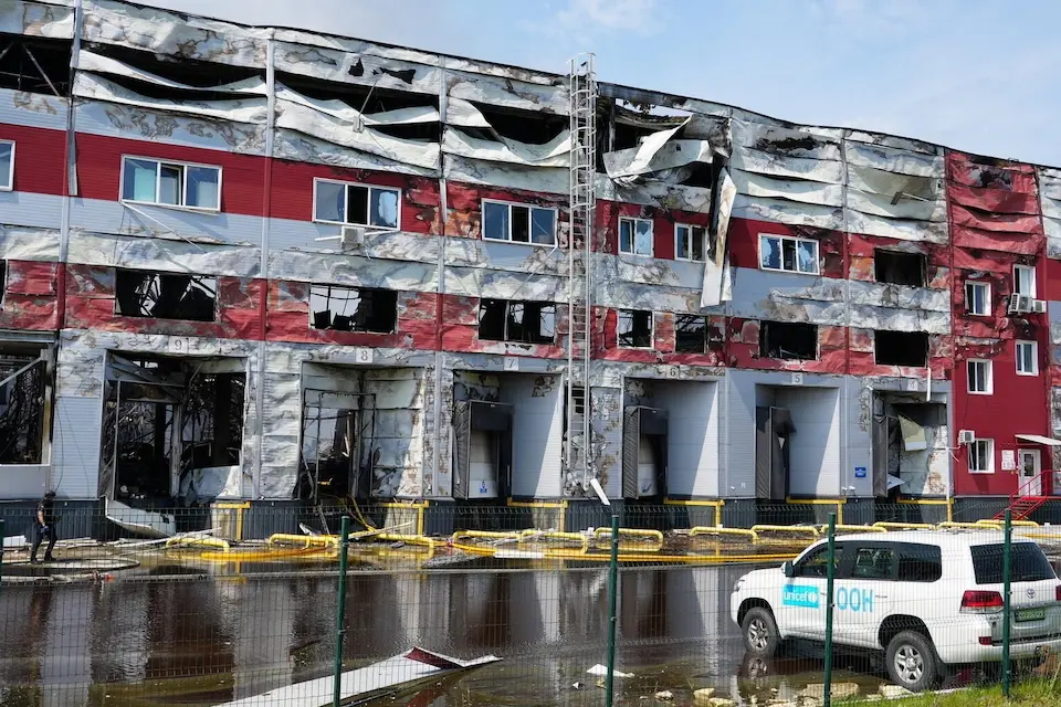 A UNICEF-contracted warehouse in Bilohorodka, Kyiv region, Ukraine, damaged in a Russian attack on July 19, 2026.