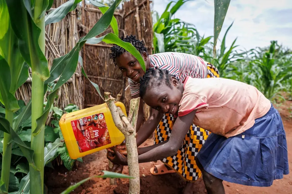 Kids in Mozambique use a tippy tap, made from sticks, string and a reused plastic container, to wash their hands.