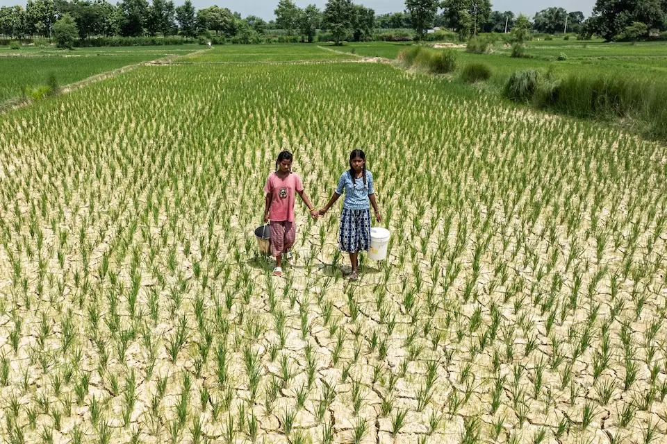 In Nepal, two sisters carry buckets of water across fields that have dried up due to lack of rainfall.