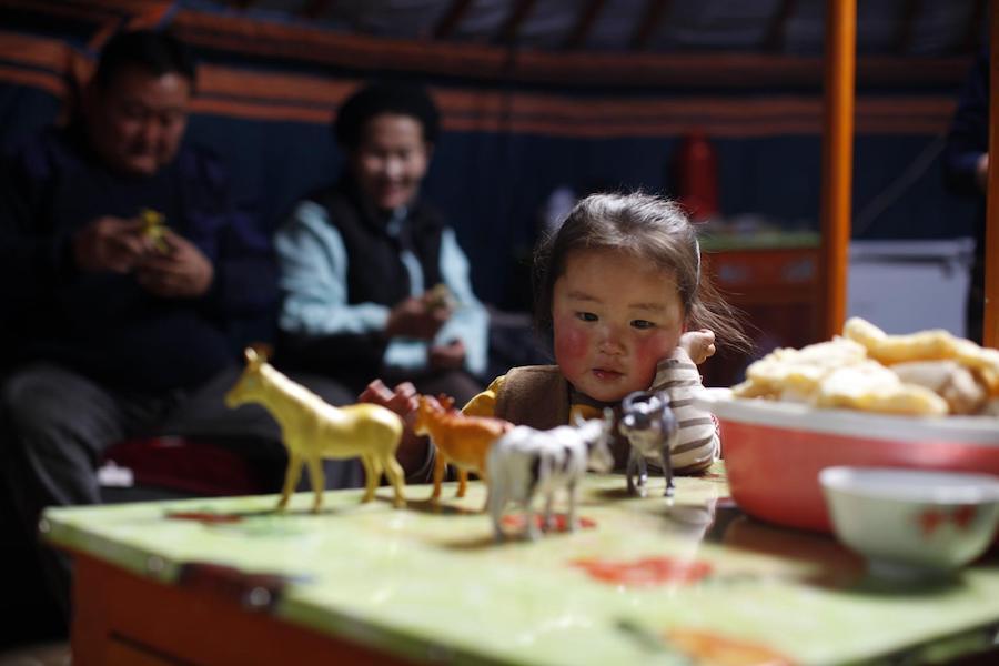 Twenty-month-old M. Sarangoo plays with toy animals in her family’s home in Khövsgöl ‘Aimag, Mongolia.
