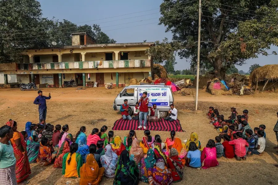 In the village of Madhwa in India's Jharkhand state, where 6 out of 10 girls are married before age 18, residents watch a play about the negative impact of child marriage. In the village of Madhwa in India's Jharkhand state, where 6 out of 10 girls are married before age 18, residents watch a play about the negative impact of child marriage.