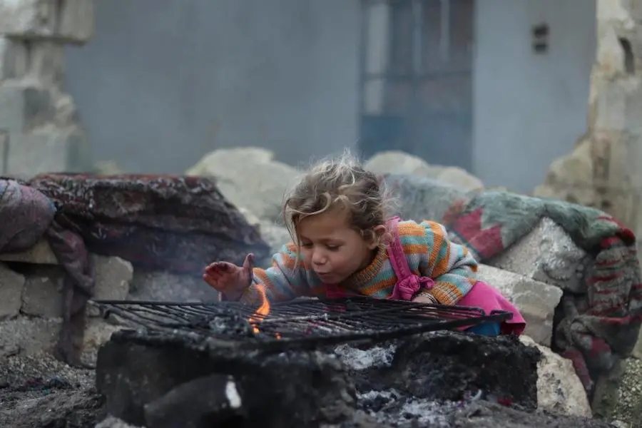 Khudr Al- Issa Mountaha, 3, warms her hands over the fire in front of their one-room home in Karm Al- Nazha neighborhood of east Aleppo. Photo: UNICEF/ Syria 2018/ Khudr Al- Issa Mountaha, 3, warms her hands over the fire in front of their one-room home in Karm Al- Nazha neighborhood of east Aleppo. Photo: UNICEF/ Syria 2018/