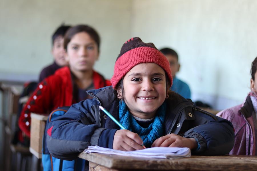 Sana, 6, attends a UNICEF-supported self-learning session in Qaramel village in northern rural Aleppo, Syria.