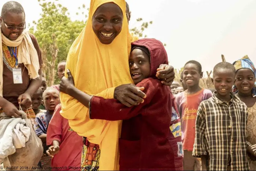 UNICEF helped reunited 7-year-old Daoussiya with her mother, Hassana, after the little girl spent four months being forced to beg in Algeria. UNICEF helped reunited 7-year-old Daoussiya with her mother, Hassana, after the little girl spent four months being forced to beg in Algeria.