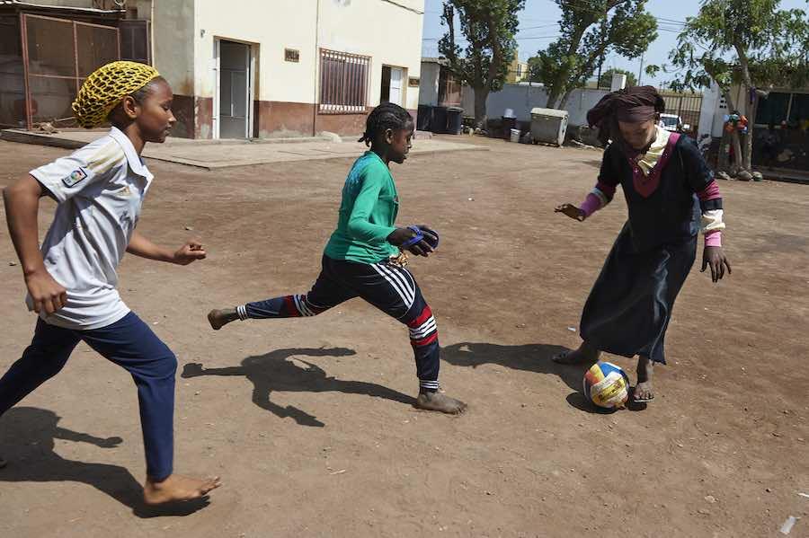 Girls, play soccer at the LEC center of Boulaos in the city of Djibouti, where roughly 300 primary school children, including children with disabilities, can take classes and play sports. The center gives children who are missing out on formal education d
