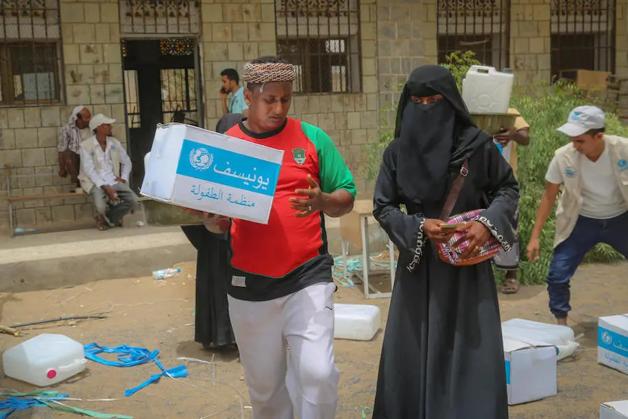 ON n July 30, 2018, UNICEF-supporred emergency humanitarian supplies are distributed in Hodeidah. unicef, yemen, humanitarian crisis, al hudaydah, hodeidah