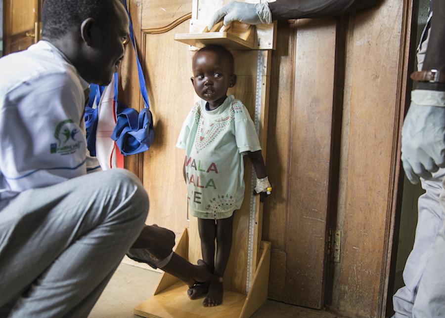 Afra, 2, gets a check up at a UNICEF-supported hospital in Juba, South Sudan where she is being treated for malnutrition.