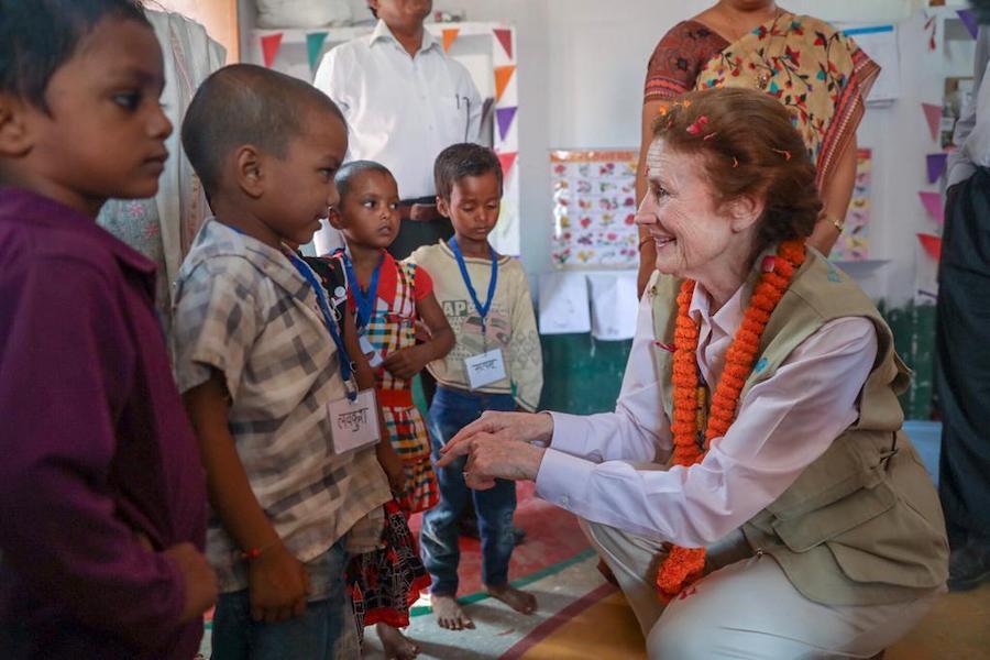 UNICEF Executive Director Henrietta H. Fore meets with young children at the Anganwadi Center in Varansai District, India in 2018.