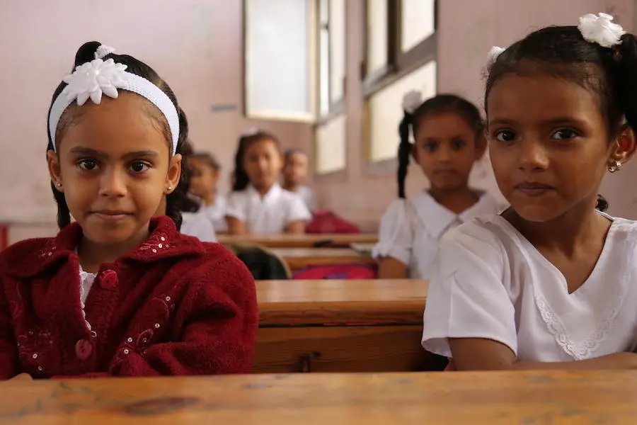 On 4 December 2018 at the Ibn Zaidoon School in Aden, Yemen, girls attend class. UNICEF, Yemen, humanitarian crisis, education, girls in school