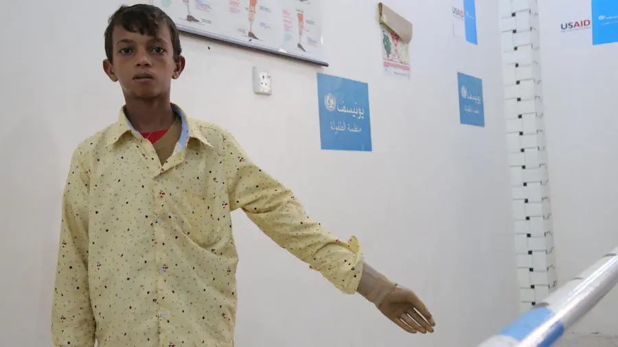On December 5, 2018, a boy receives treatment in the UNICEF-supported Prostheses and Physiotherapy Center in Aden, Yemen. UNICEF, Yemen, humanitarian crisis, Aden, prostheses center