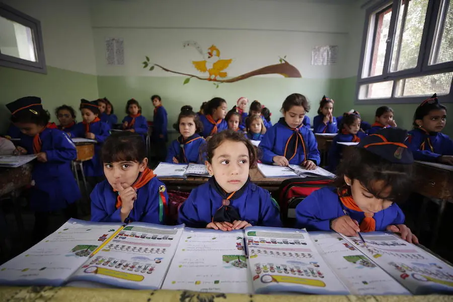 A classroom at the Saif Al-Dawleh School for Girls in Douma, East Ghouta, Syria. A classroom at the Saif Al-Dawleh School for Girls in Douma, East Ghouta, Syria.