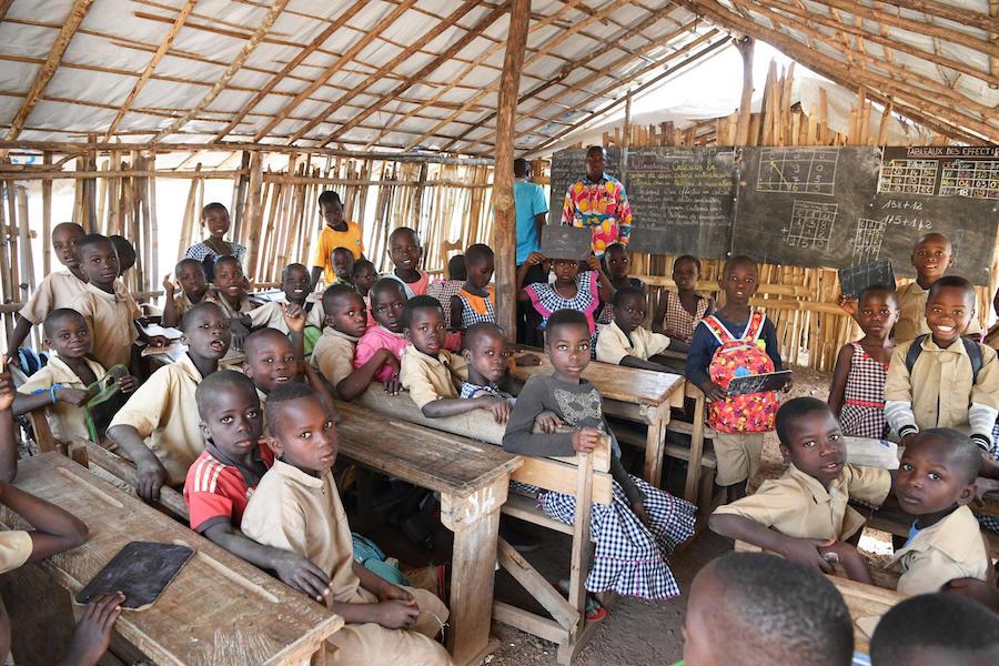 Students attending class in the community school at Sanguine, a village in western Côte d’Ivoire.