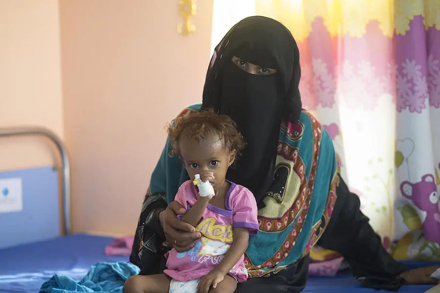Saba weighed less than 13 pounds when her mother, Ashwaq Al-Raei, brought her to the UNICEF-supported Al Qatea Therapeutic Feeding Center in Yemen. 