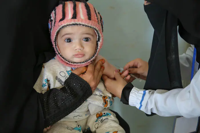 On 9 February 2019 in Yemen, a child is vaccinated in Bani Alhareth, Sana’a during a Measles and Rubella vaccination campaign.