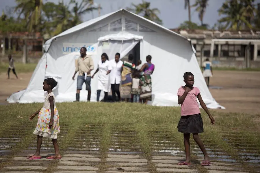 UNICEF set up a medical facility at a technical school where people were brought after their homes were destroyed and flooded, in Buzi, Mozambique, on Saturday 23 March 2019. UNICEF set up a medical facility at a technical school where people were brought after their homes were destroyed and flooded, in Buzi, Mozambique, on Saturday 23 March 2019.