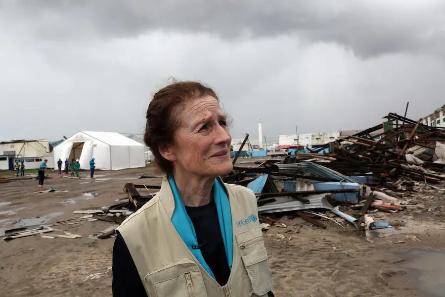 On March 22, 2019, UNICEF Executive Director Henrietta H. Fore visits a UNICEF warehouse damaged by Cyclone Idai in Beira, Mozambique. 