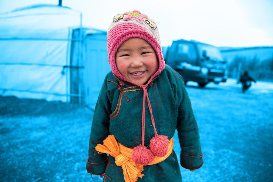 Big sister Batyargal, 4, outside the family ger in the Alag-Erdene area of Mongolia on March 2, 2018, after her mother gave birth in a UNICEF-supported health center. 