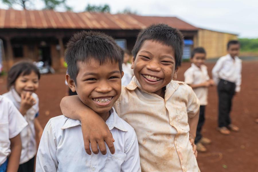Happy friends at Thouy Ampil Primary School in Thouy Ampil Village, Ja Oung Commune, O’chum District, Ratanakiri Province, Cambodia in May 2019.