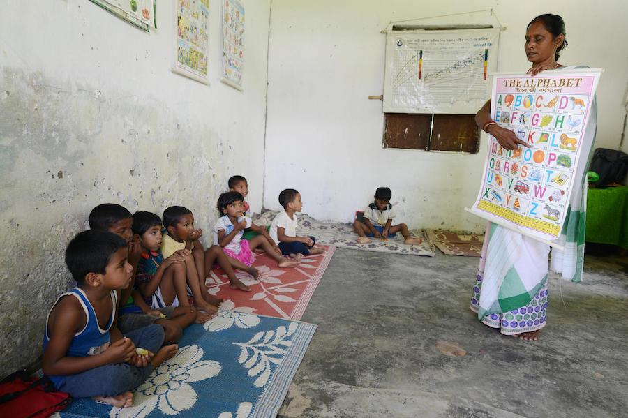 An Anganwadi worker teaching at a UNICEF-supported Anganwadi school at Kharjan Tea Estate in Dibrughar, Assam on June 29, 2019.