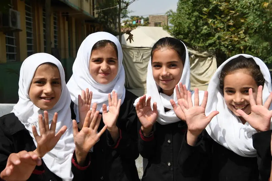 Children have just washed their hands at UNICEF-supported BiBi Mehro Girls High School, in Kabul, the capital of Afghanistan. Children have just washed their hands at UNICEF-supported BiBi Mehro Girls High School, in Kabul, the capital of Afghanistan.