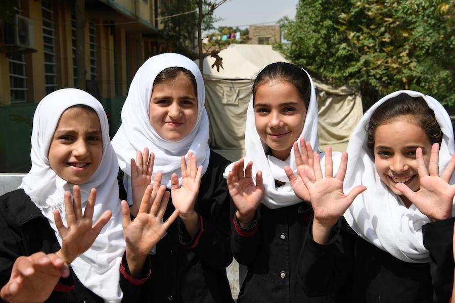 Children have just washed their hands at UNICEF-supported BiBi Mehro Girls High School, in Kabul, the capital of Afghanistan.