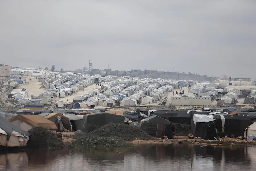 On 19 January 2021, a view of a flooded area in Kafr Losin Camp in northwest Syrian Arab Republic. On 19 January 2021, a view of a flooded area in Kafr Losin Camp in northwest Syrian Arab Republic.