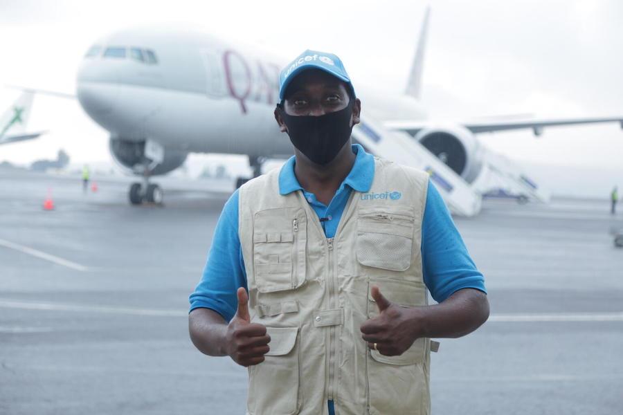 On 3 March 2021, UNICEF Communication Specialist Steve Nzaramba is photographed at Kigali International Airport where a shipment containing 240,000 doses of the COVID-19 vaccines for the COVAX Facility arrived in Rwanda.