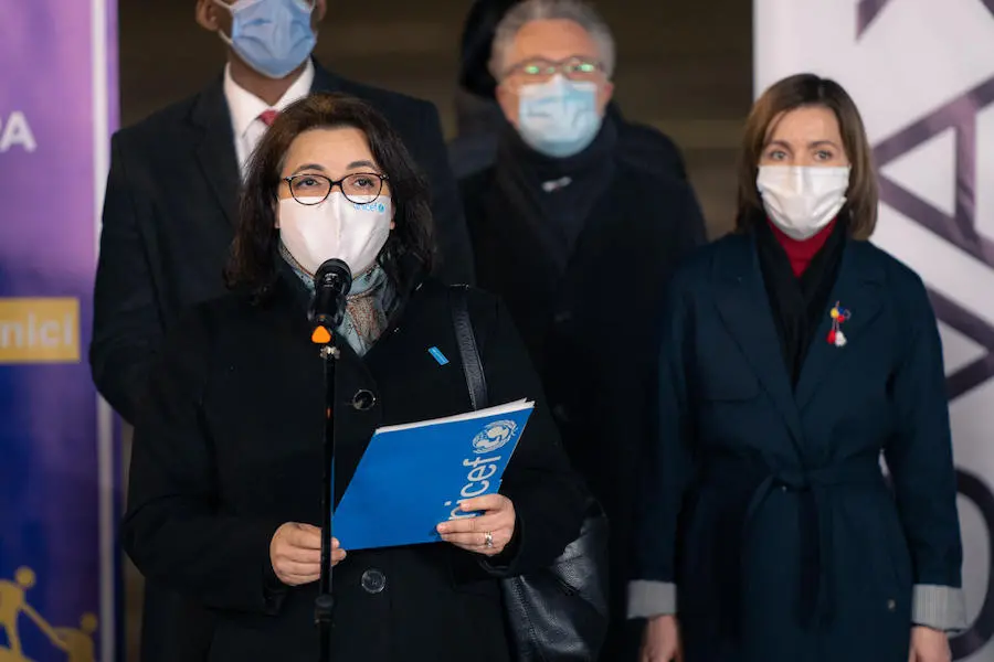 On 4 March 2021, Maha Damaj, UNICEF Representative to Moldova (left), speaks at a media event dedicated to the arrival of COVID-19 vaccines to Moldova, next to the President of Moldova, Maia Sandu (right). On 4 March 2021, Maha Damaj, UNICEF Representative to Moldova (left), speaks at a media event dedicated to the arrival of COVID-19 vaccines to Moldova, next to the President of Moldova, Maia Sandu (right).