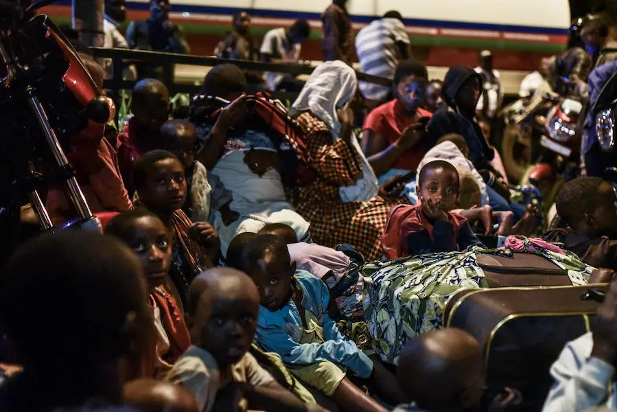In the eastern city of Goma, Democratic Republic of the Congo, families displaced from their homes crowded together for safety after a volcanic eruption on May 22, 2021. In the eastern city of Goma, Democratic Republic of the Congo, families displaced from their homes crowded together for safety after a volcanic eruption on May 22, 2021.