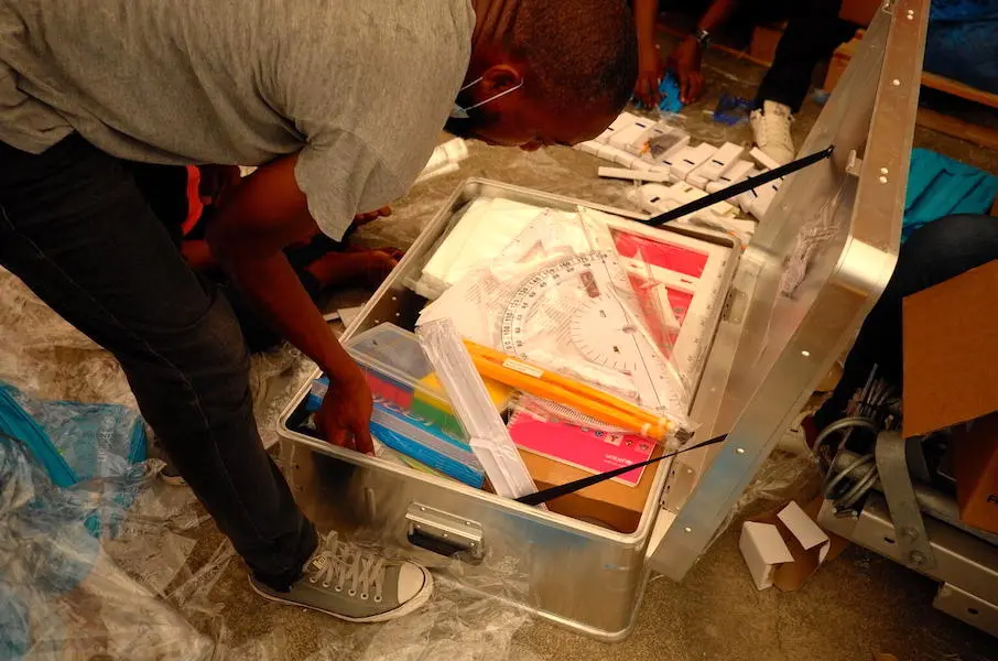 In October 2021, UNICEF staff prepare School in a Box kits for teachers in Haiti's southwest, where about 70 percent of schools remain damaged or destroyed by the August 14, 2021 earthquake. In October 2021, UNICEF staff prepare School in a Box kits for teachers in Haiti's southwest, where about 70 percent of schools remain damaged or destroyed by the August 14, 2021 earthquake.