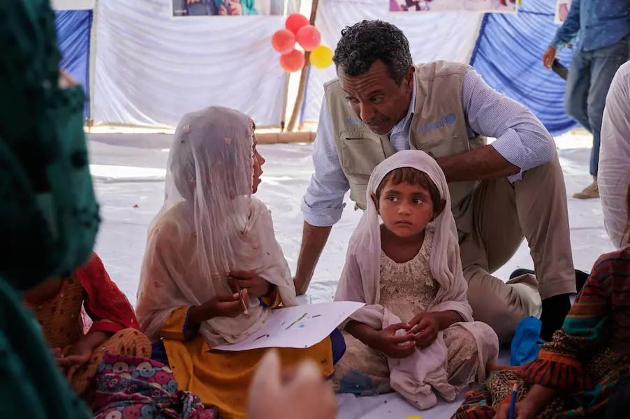 UNICEF Representative in Pakistan Abdullah Fadil visits a village devastated by flooding in Rajanpur district, Punjab Province, Pakistan, on Sept. 17, 2022, UNICEF Representative in Pakistan Abdullah Fadil visits a village devastated by flooding in Rajanpur district, Punjab Province, Pakistan, on Sept. 17, 2022,