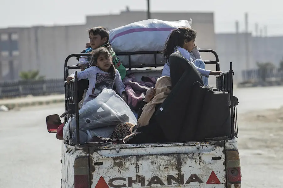In October 2019, families continue to flee escalating violence in northeast Syria. In October 2019, families continue to flee escalating violence in northeast Syria.