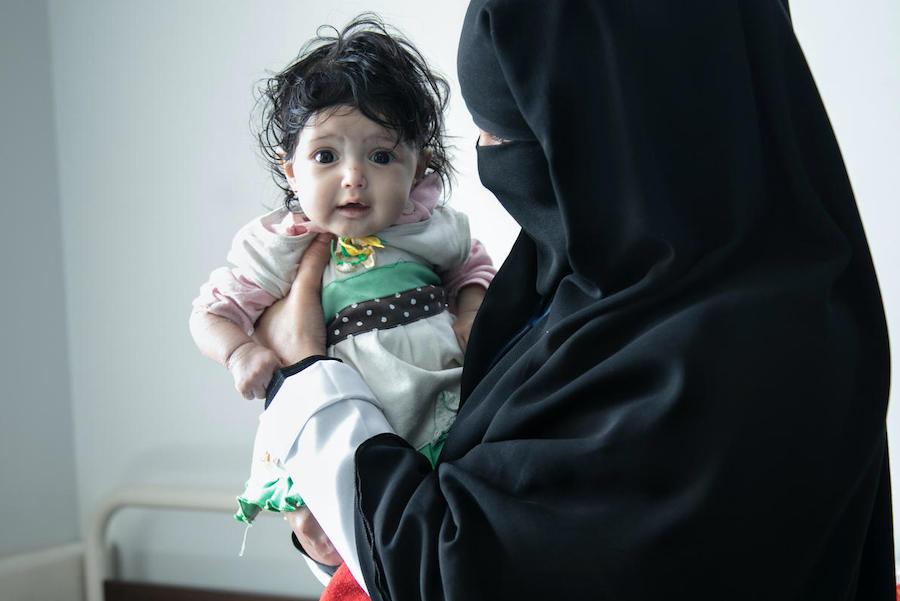 A six-month-old girl suffering from malnutrition checks into a UNICEF-supported hospital in Sana’a for treatment.