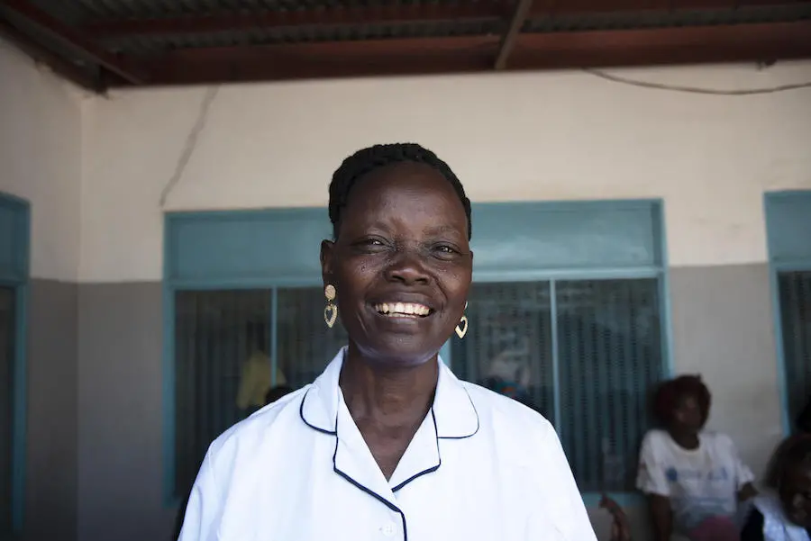 Lillian Nimaya, 45, has been working as a nurse for the past 5 years at the UNICEF-supported Nyakuron primary health care center in Juba, South Sudan. Lillian Nimaya, 45, has been working as a nurse for the past 5 years at the UNICEF-supported Nyakuron primary health care center in Juba, South Sudan.