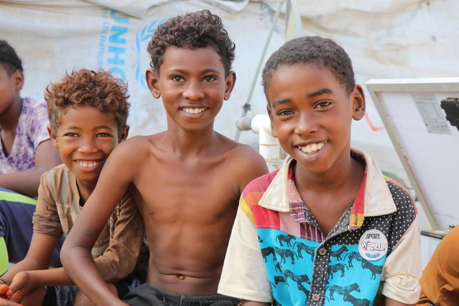 Forced out of their homes by violence, these children now live in Omar Bin Yasser camp for displaced persons in Aden, Yemen. 