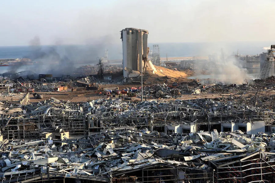 A view shows the aftermath of the August 5, 2020 blast at the port of Lebanon's capital. Beirut. A view shows the aftermath of the August 5, 2020 blast at the port of Lebanon's capital. Beirut.