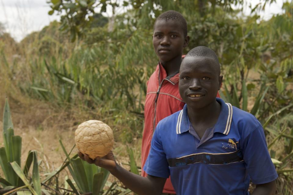 Young men with a homemade soccer ball in Mkangeni village, Malawi.