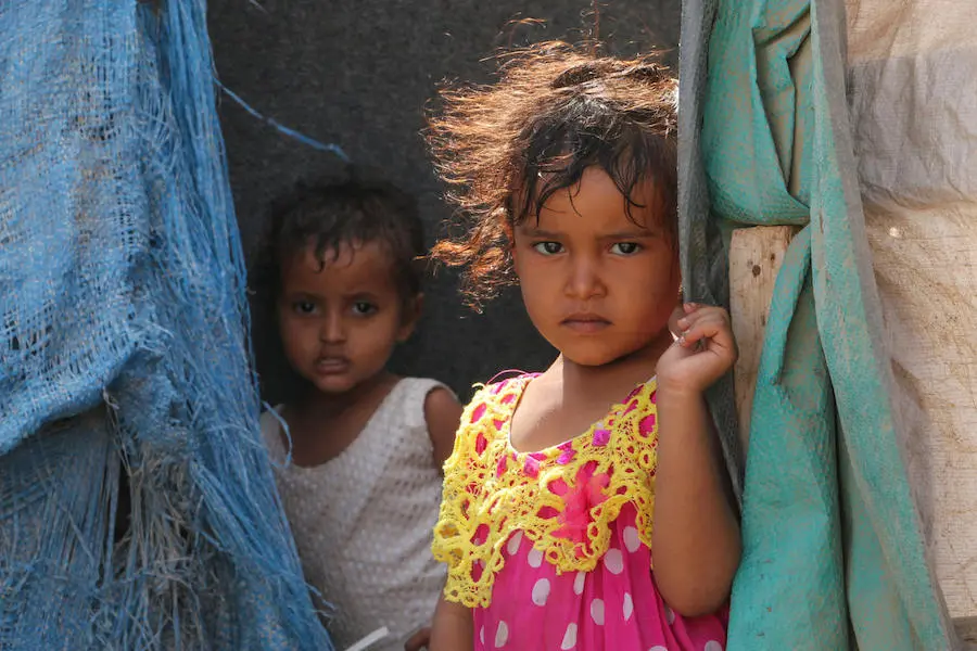In March 2018 in Aden City, Yemen, children from Taiz are living in improvised shelters. In March 2018 in Aden City, Yemen, children from Taiz are living in improvised shelters.