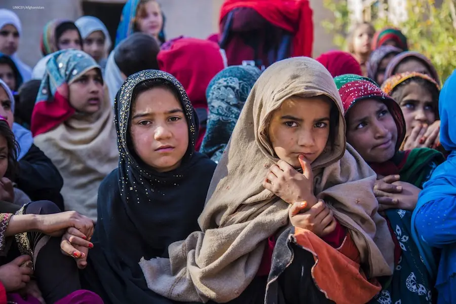 Zainab, 10, (right) and her sister Madina, 8, play and learn with other girls at the UNICEF-supported Child-Friendly Space in Ettifaq village, Nargarhar province, Afghanistan. Zainab, 10, (right) and her sister Madina, 8, play and learn with other girls at the UNICEF-supported Child-Friendly Space in Ettifaq village, Nargarhar province, Afghanistan.