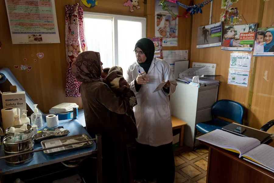 UNICEF community health worker Zain Al Khaldi cares for children and mothers at the Za'atari Refugee Camp in Jordan. UNICEF community health worker Zain Al Khaldi cares for children and mothers at the Za'atari Refugee Camp in Jordan.