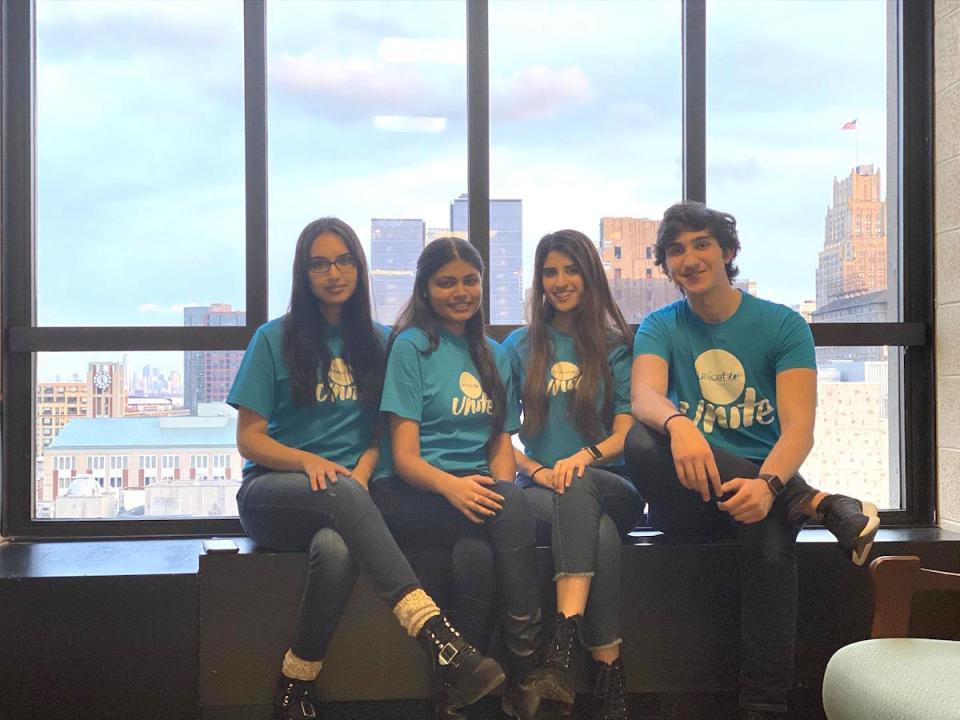 Jawad, 22 (far right) and fellow Rutgers University UNICEF Club leaders at a UNICEF UNITE School Club event in Newark, New Jersey on March 4, 2020, just before the club shifted to virtual engagement to prevent the spread of the novel coronavirus
