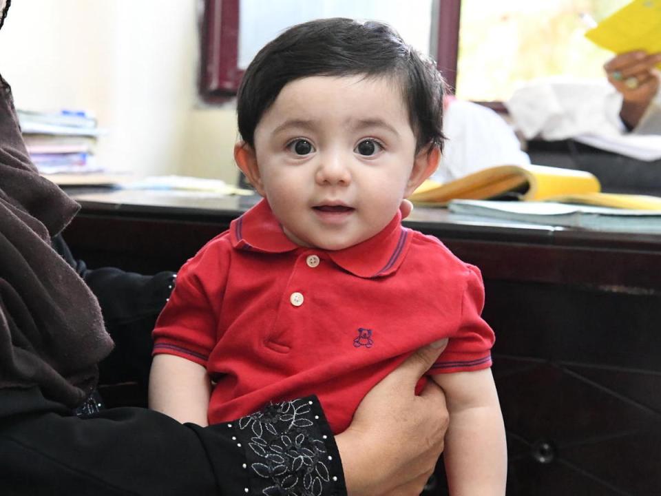 Nine-month-old Mubashir waits to be vaccinated at the UNICEF-supported Indra Gandhi Hospital in Kabul, the capital of Afghanistan, on August 17, 2019.