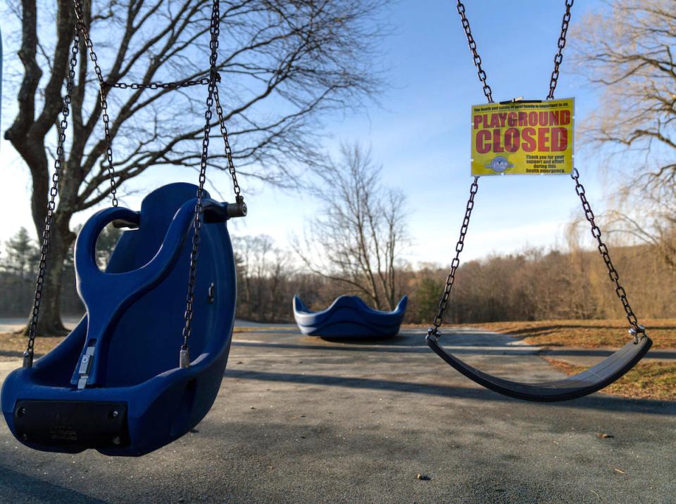 On March 18, 2020, a playground at an elementary school in Ridgefield, Connecticut, USA, sits empty following temporary school closures for COVID-19 made effective on March 13. 