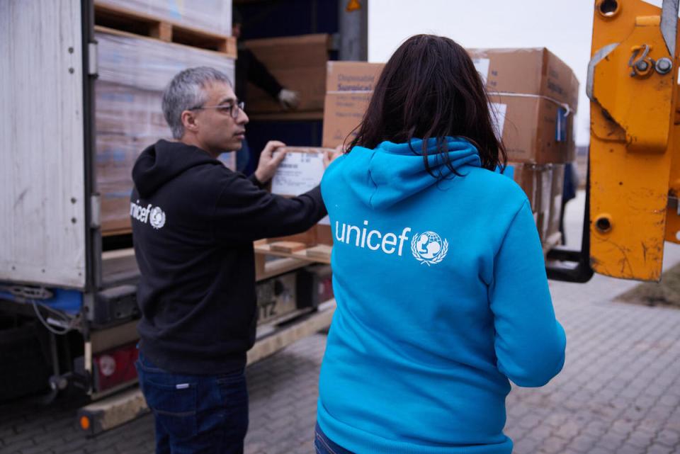 Murat Sahin, UNICEF's Representative in Ukraine, left inspects medical and other emergency supplies shipped from UNICEF’s Global Supply and Logistics Hub in Copenhagen upon arrival in Lviv on March 5, 2022..