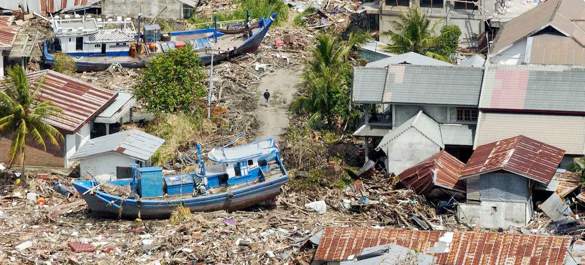 An aerial view of the vast destruction of the Indonesian coast, between the towns of Banda Aceh and Meulaboh, caused by the December 26, 2004 Indian Ocean tsunami.