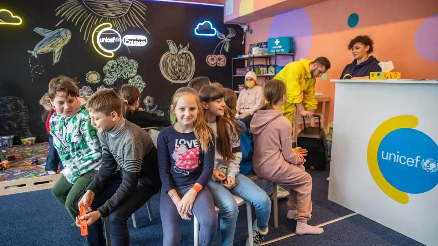 On February 11, 2023, children at the opening of a new Spilno spot in Vyshgorod.